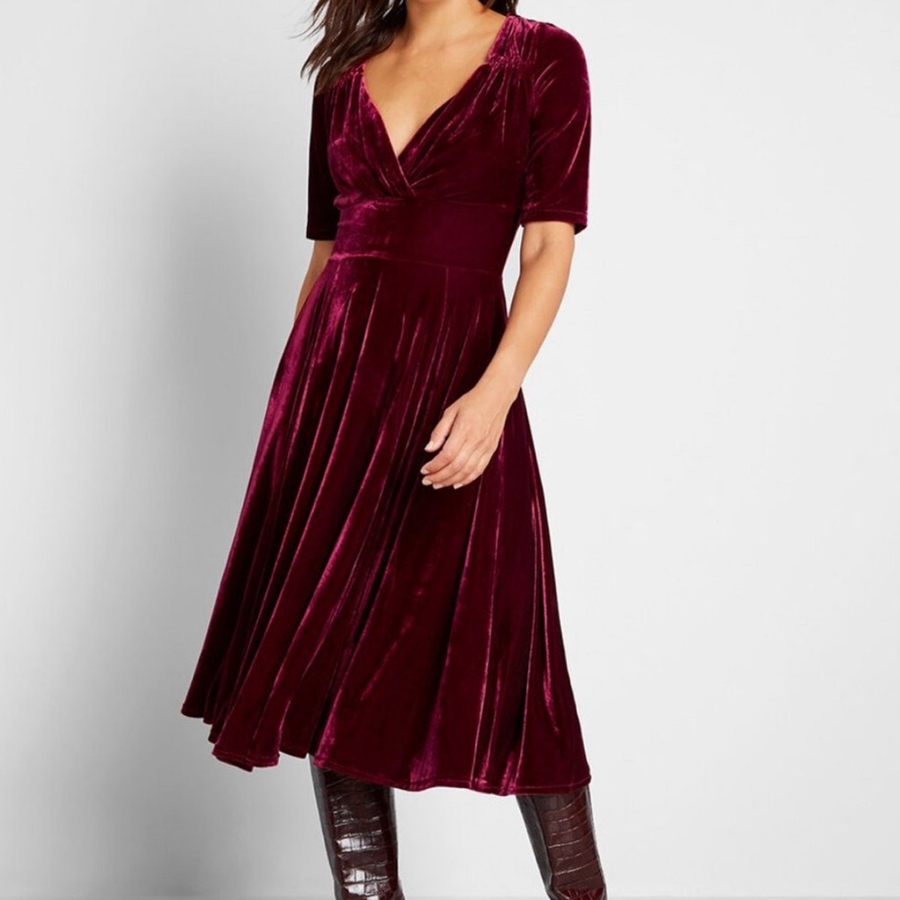 Modcloth x Collectif Trixie Velvet Burgundy Dress